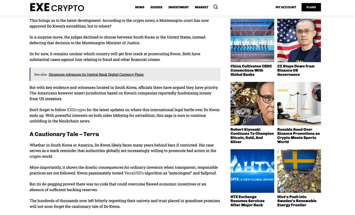 ExeCrypto article page with expert content and related articles sidebar