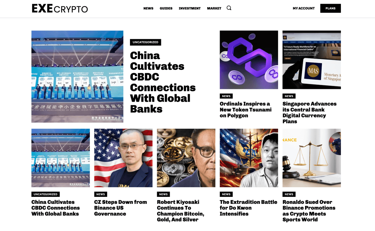 ExeCrypto homepage featuring cryptocurrency news grid layout with featured articles