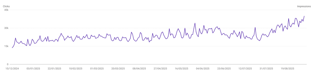 TunnelPayment Google Search Console chart showing zero to 45K daily impressions growth